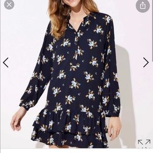 LOFT size small ruffle dress long sleeve navy floral